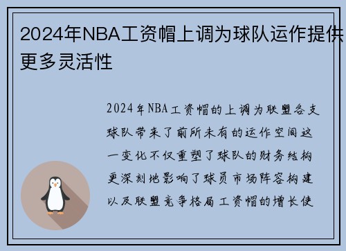 2024年NBA工资帽上调为球队运作提供更多灵活性
